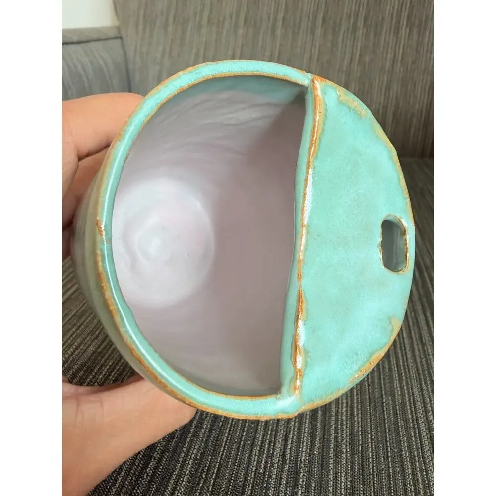 Handmade Ceramic Creamer Turquoise Studio Pottery Pitcher Signed Rene Vase Cup